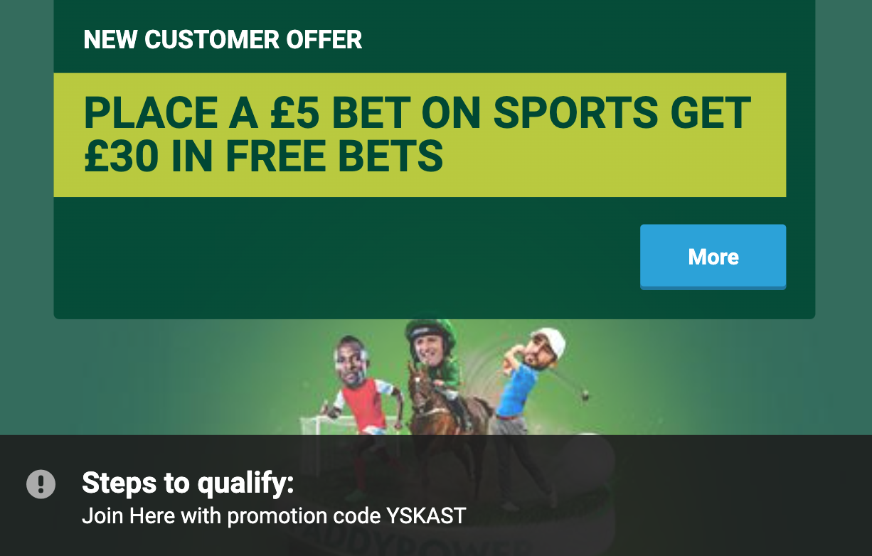 Paddy Power's sports welcome offer - place a £5 bet on sports, get £30 in free bets